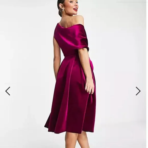 Velvet Bare Shoulder Midi Dress in Berry - Picture 3 of 11